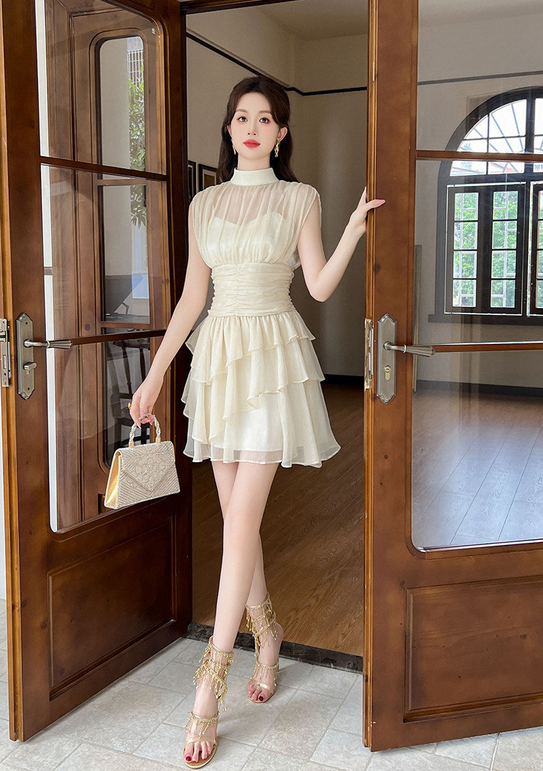 Beige Mesh Ruffles Mock Neck Dress