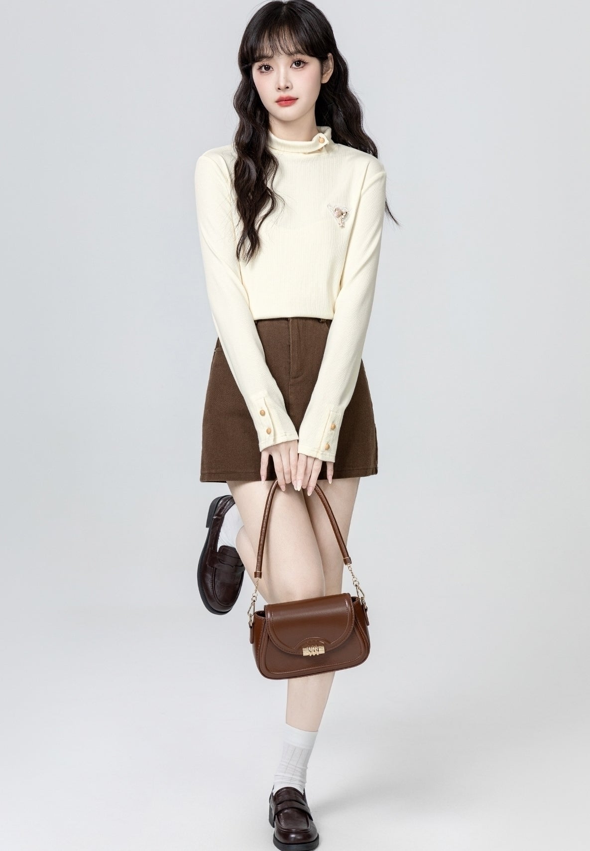Beige Mock Neck Long Sleeve Layering Top
