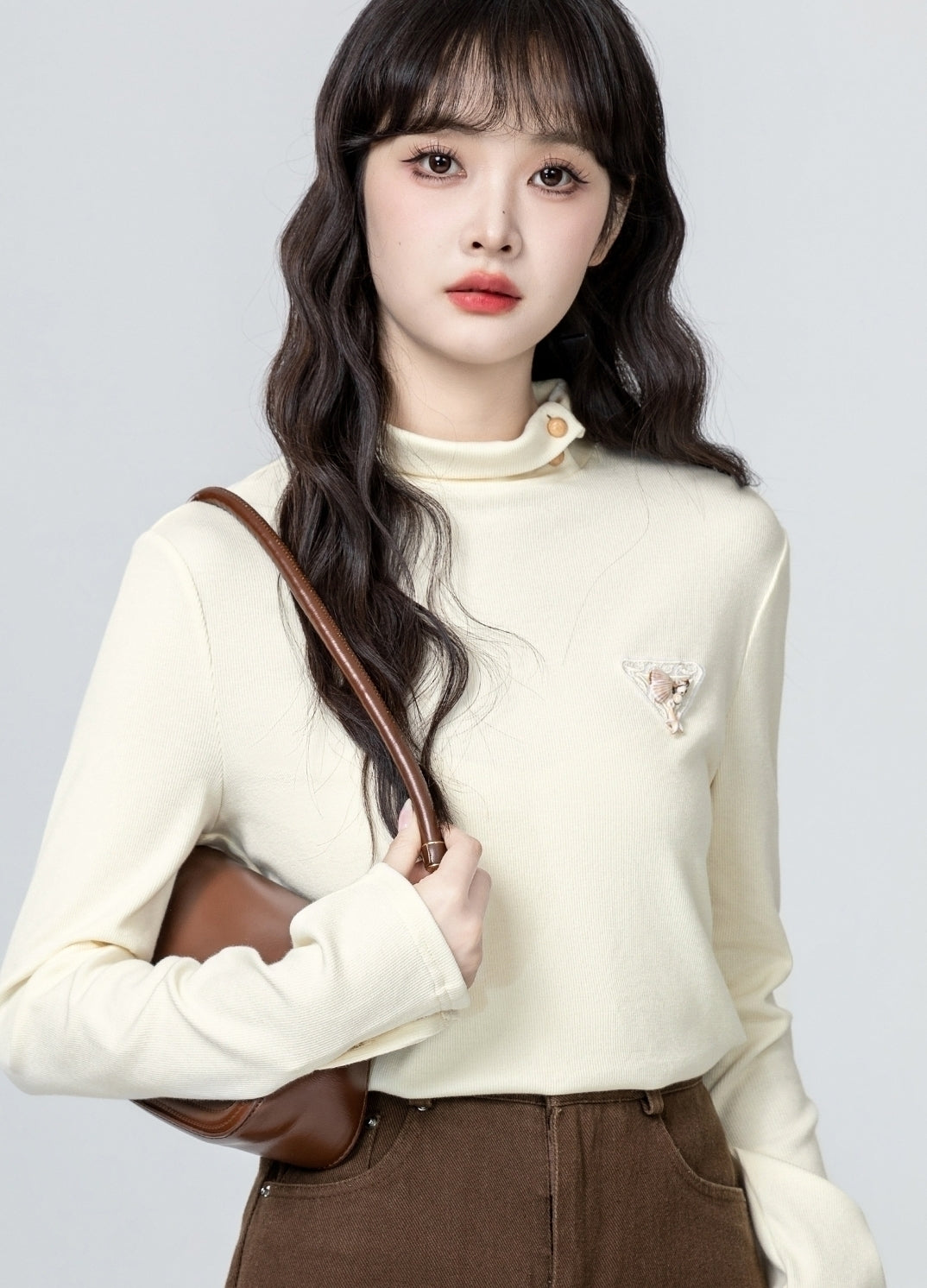 Beige Mock Neck Long Sleeve Layering Top