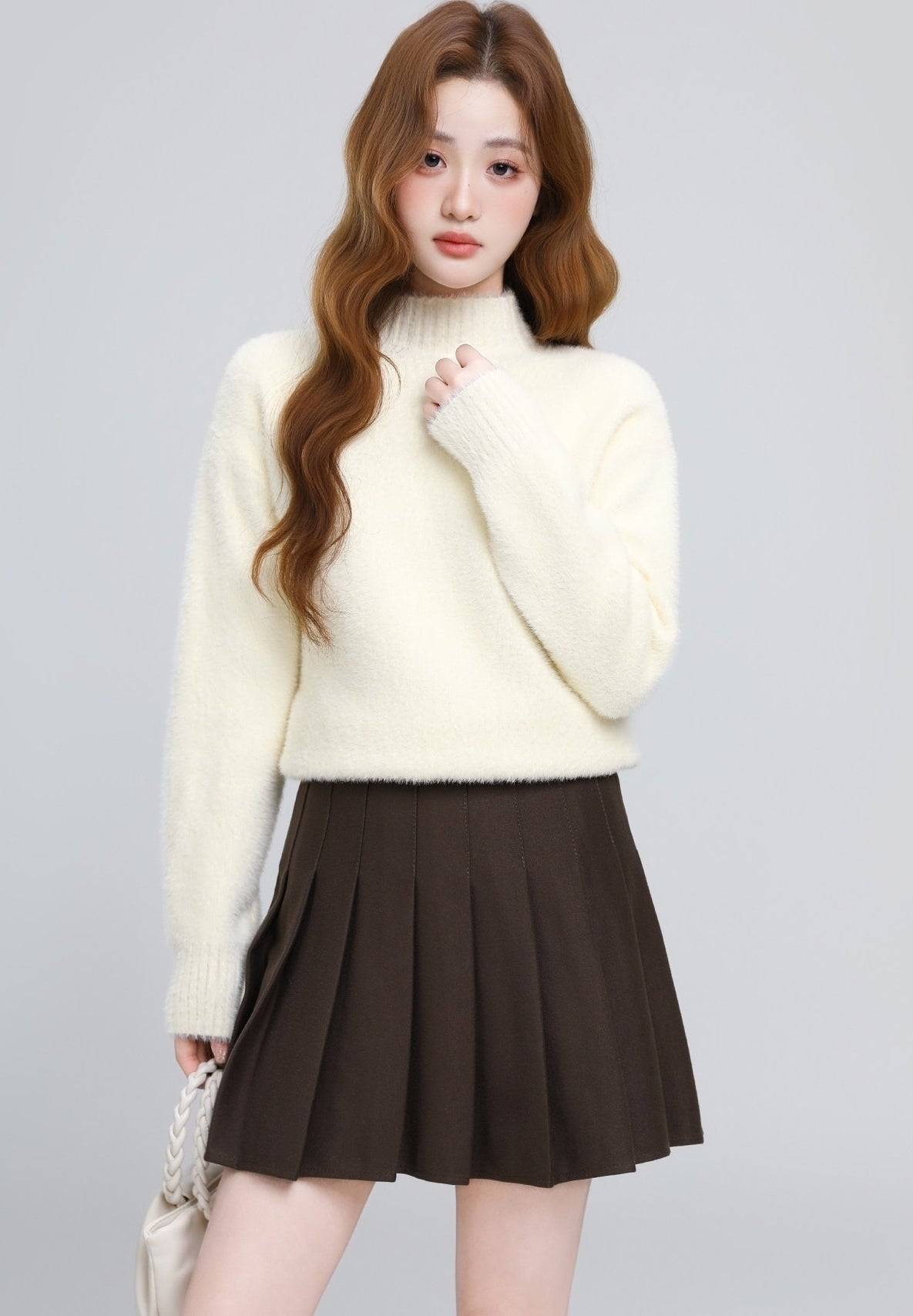 Beige Mock Neck Warm Knit Base Layer Sweater