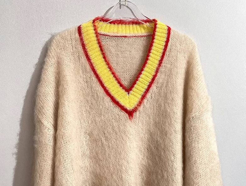 Beige Mohair V-Neck Sweater With Yellow Linings