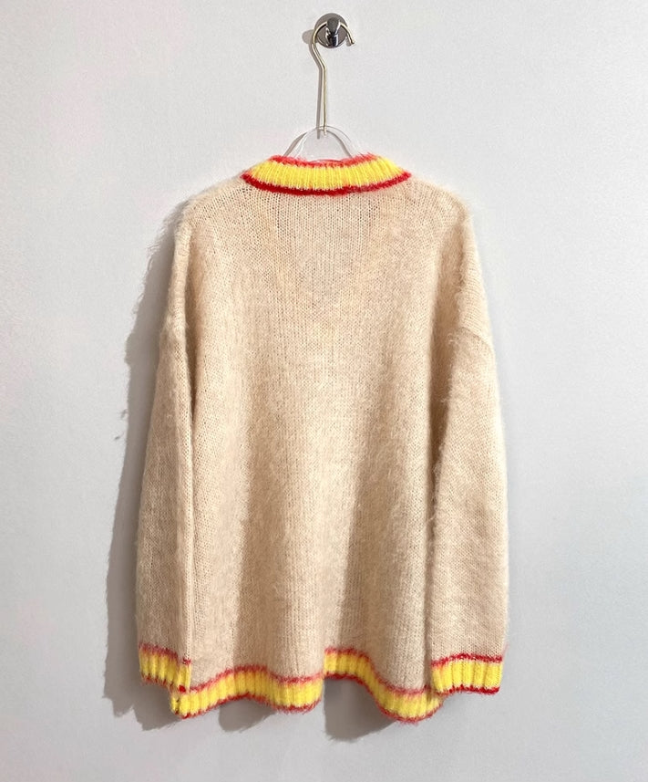 Beige Mohair V-Neck Sweater With Yellow Linings