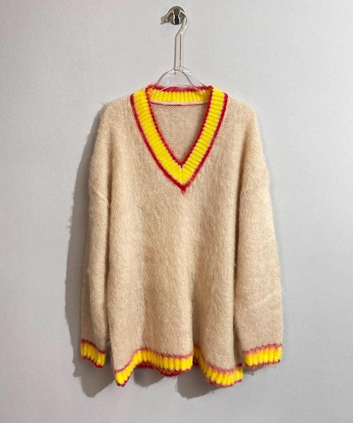 Beige Mohair V-Neck Sweater With Yellow Linings