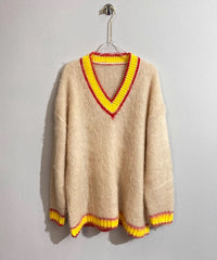Beige Mohair V-Neck Sweater With Yellow Linings