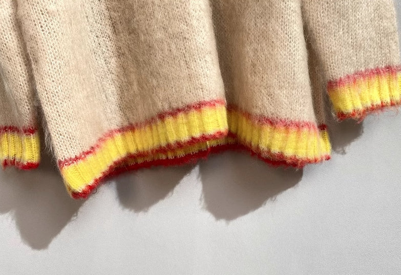 Beige Mohair V-Neck Sweater With Yellow Linings