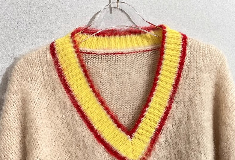 Beige Mohair V-Neck Sweater With Yellow Linings