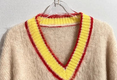 Beige Mohair V-Neck Sweater With Yellow Linings