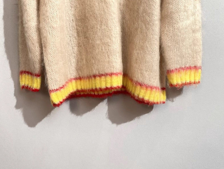 Beige Mohair V-Neck Sweater With Yellow Linings