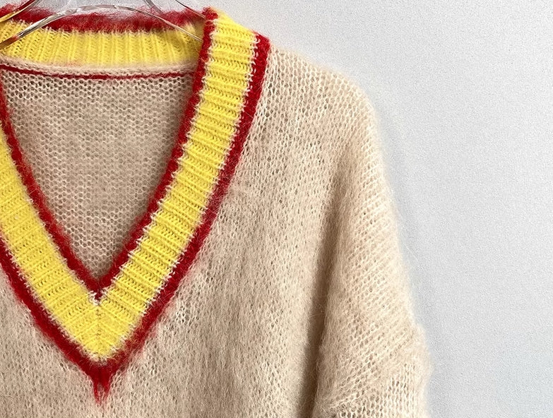 Beige Mohair V-Neck Sweater With Yellow Linings