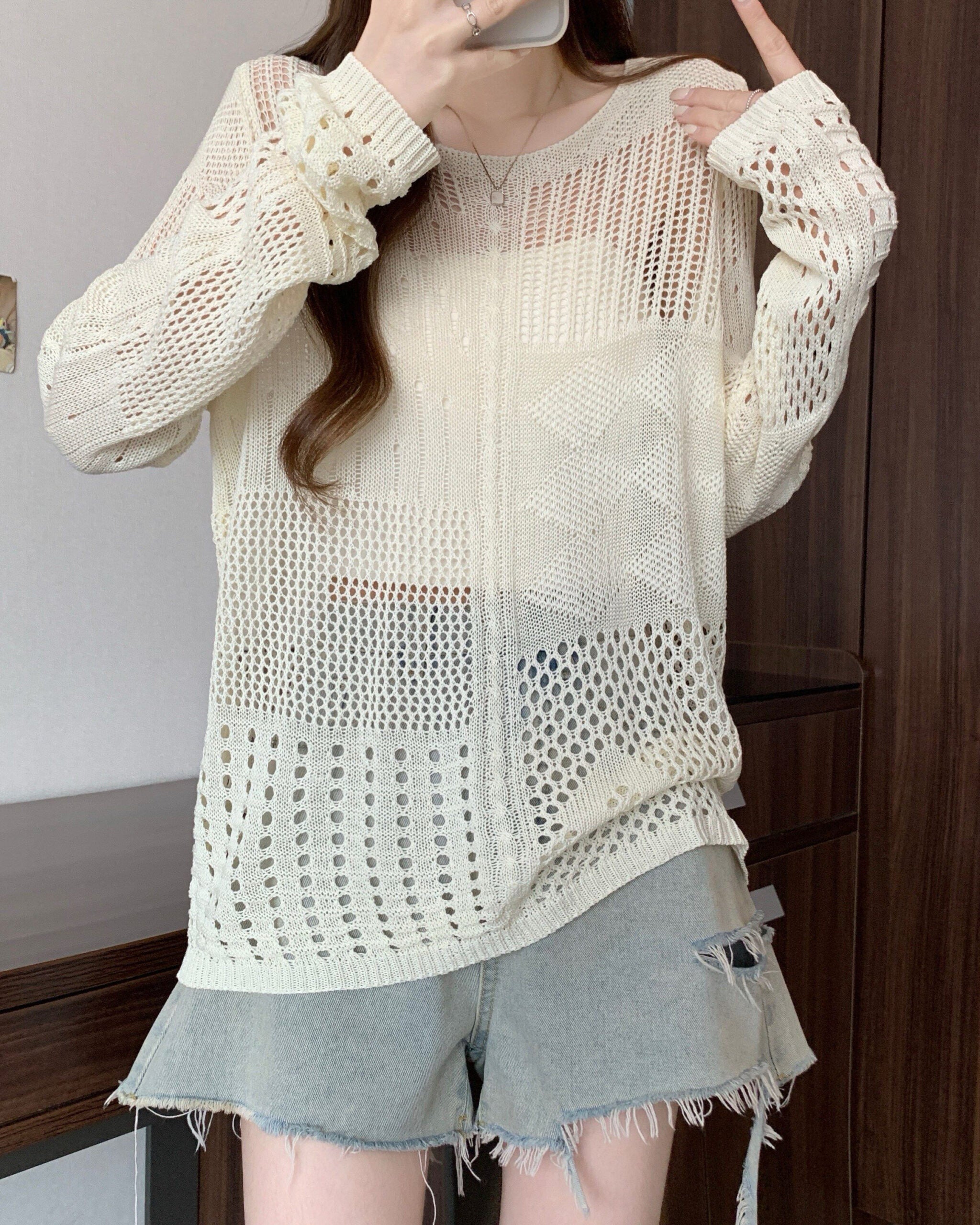 Beige Multi-Pattern Hollow Knit Sweater