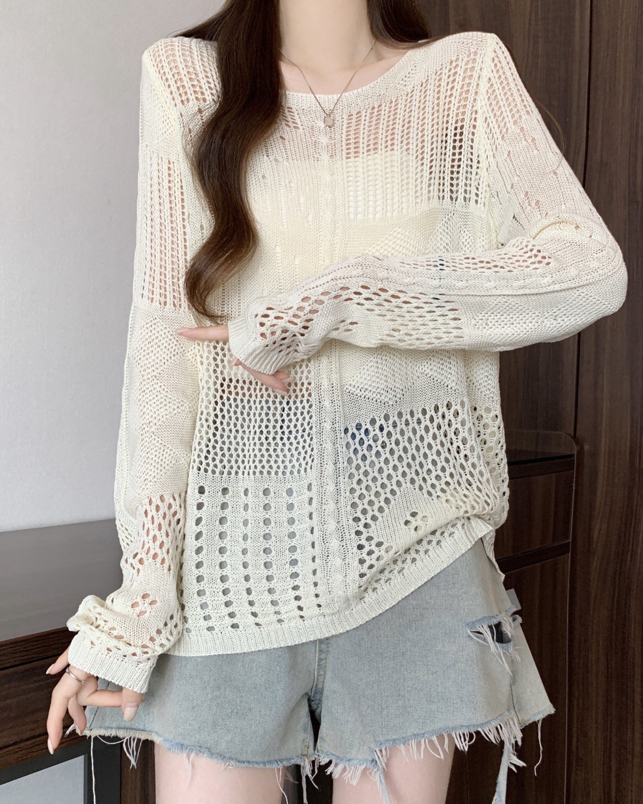 Beige Multi-Pattern Hollow Knit Sweater