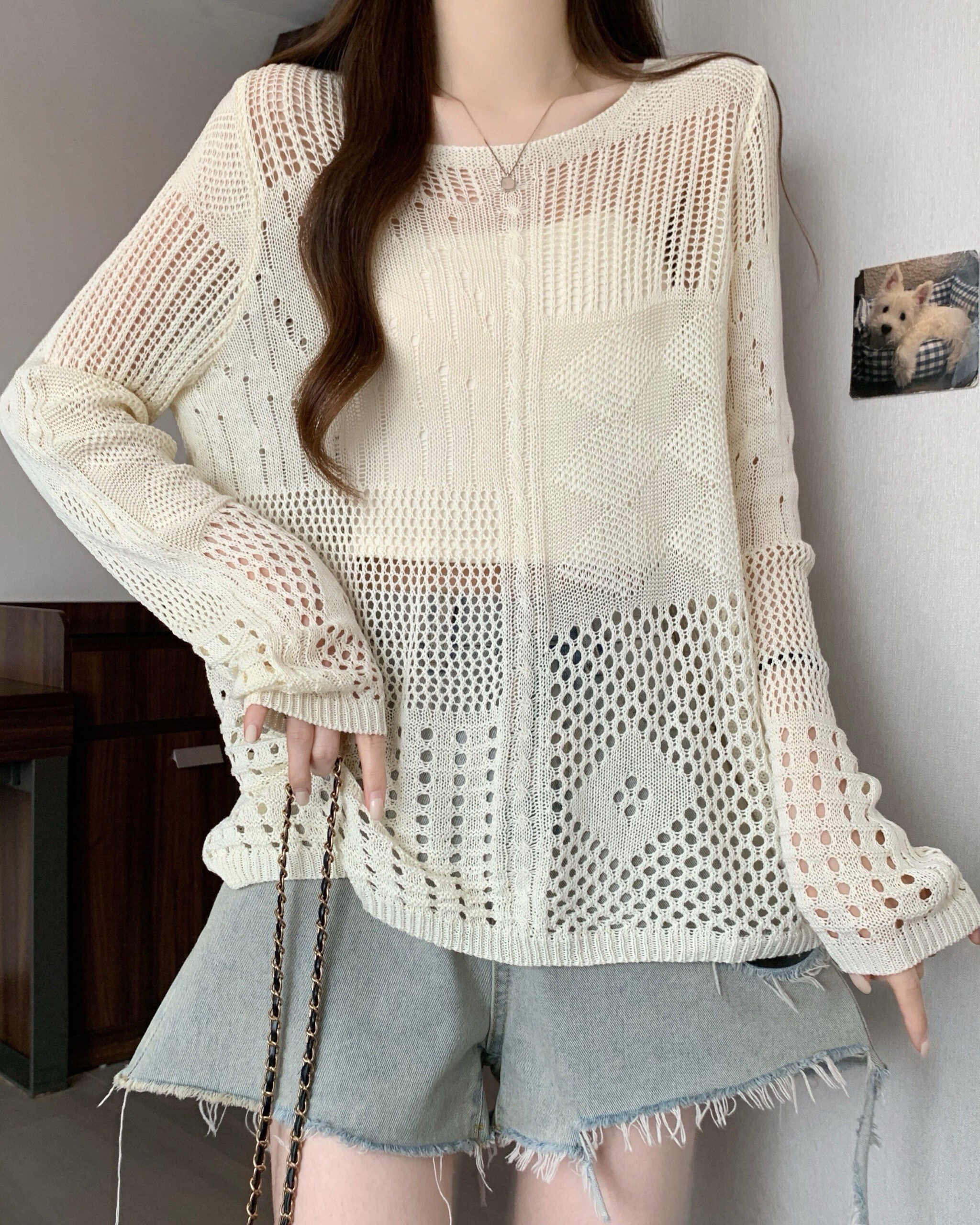 Beige Multi-Pattern Hollow Knit Sweater