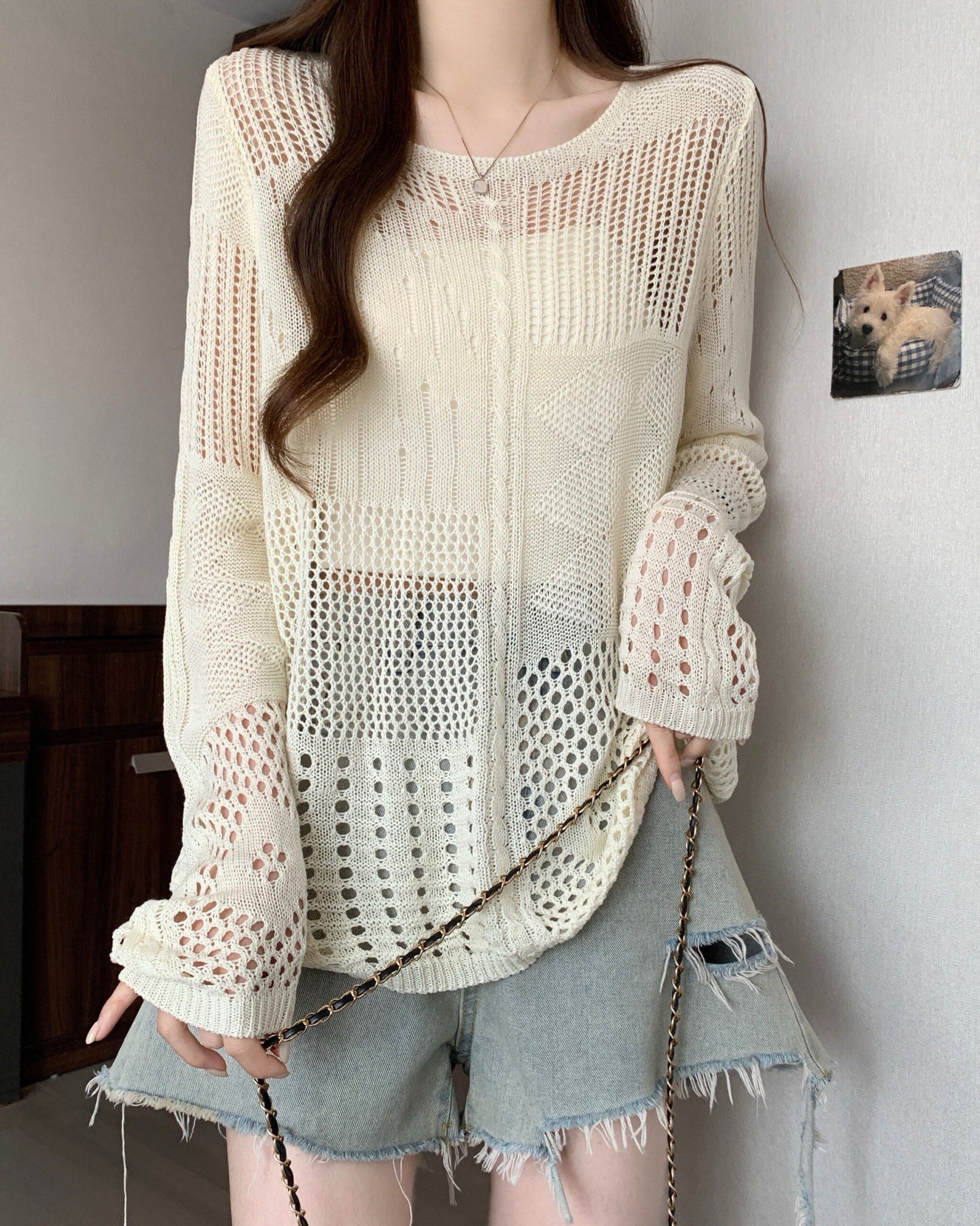 Beige Multi-Pattern Hollow Knit Sweater