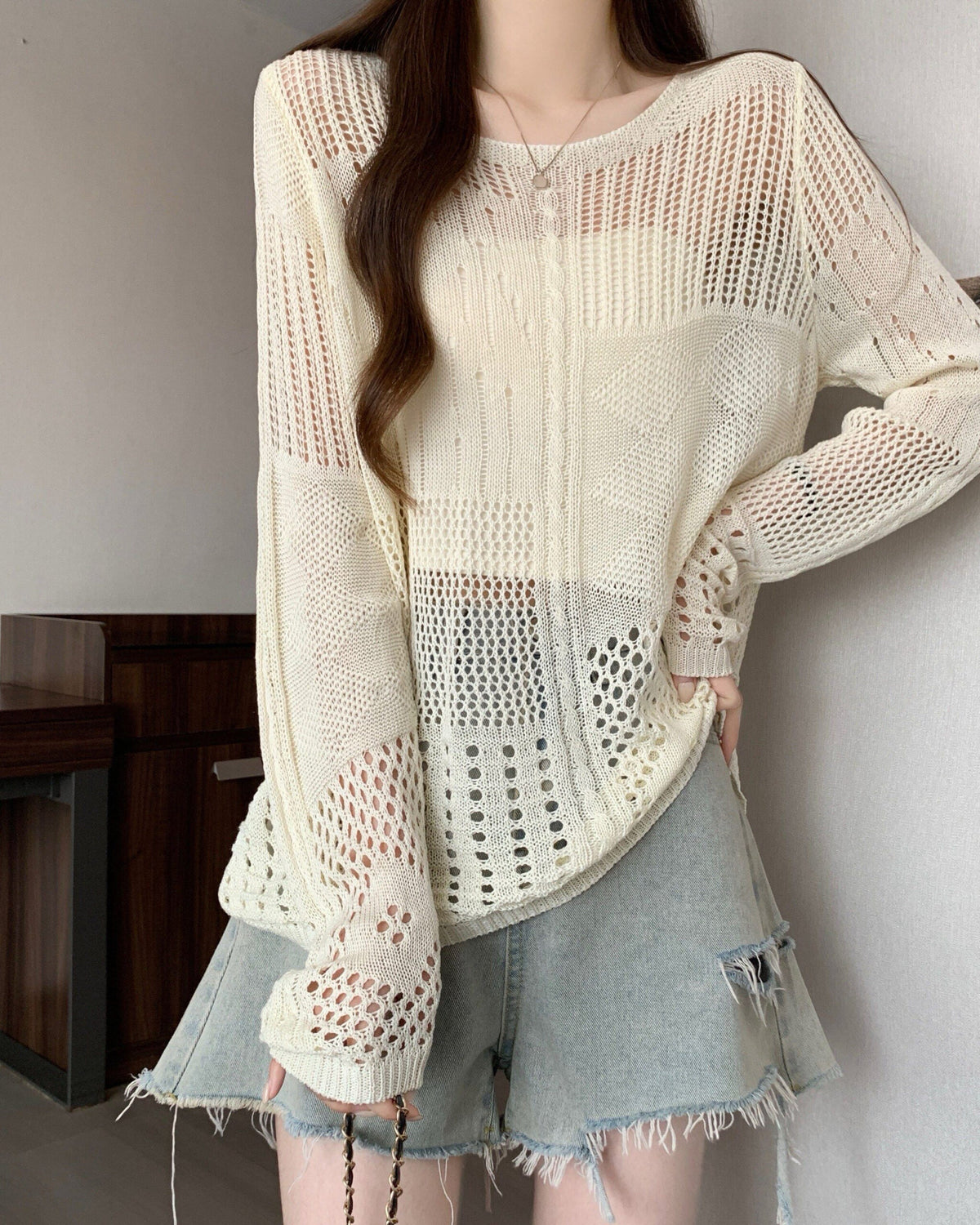 Beige Multi-Pattern Hollow Knit Sweater