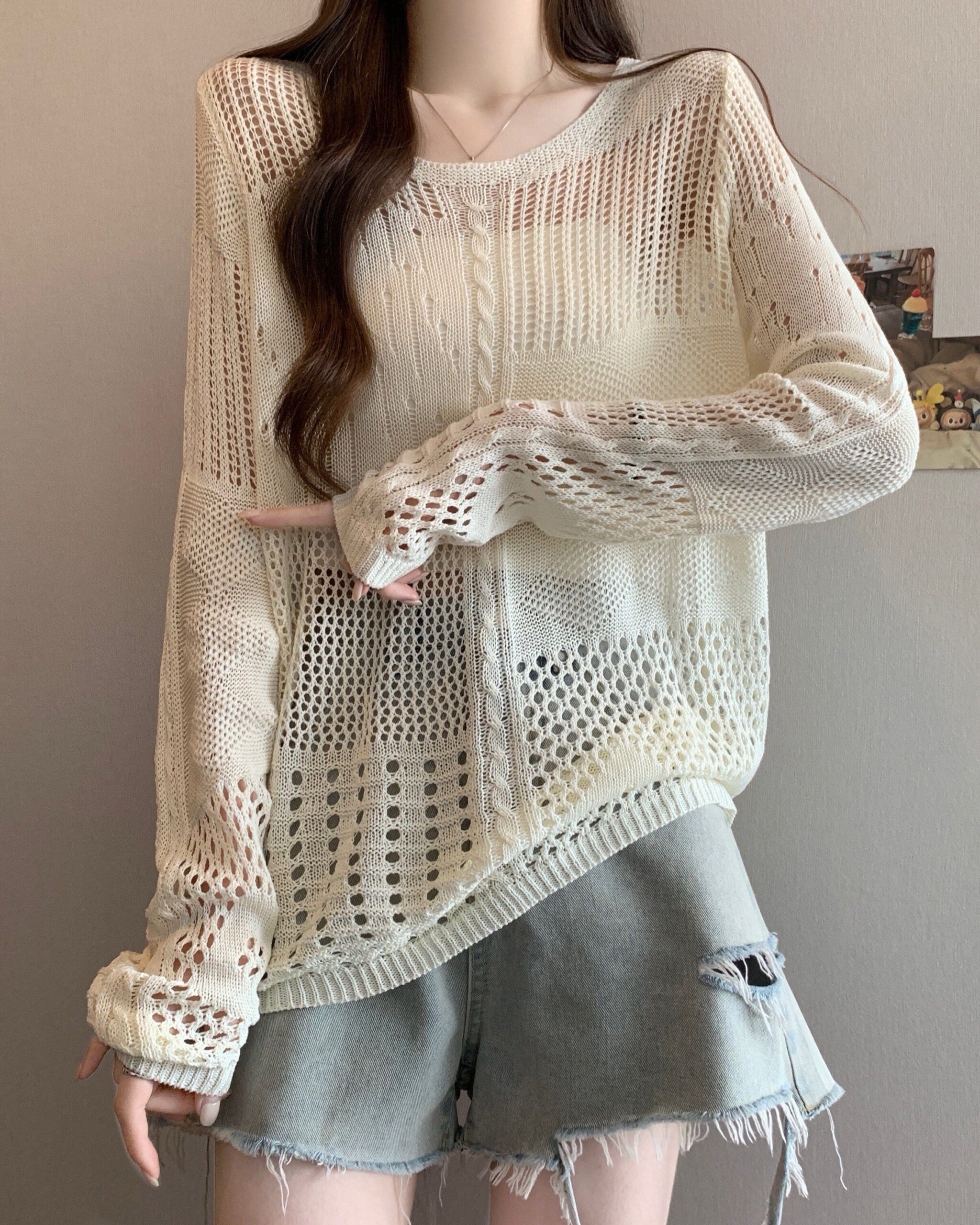 Beige Multi-Pattern Hollow Knit Sweater