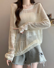 Beige Multi-Pattern Hollow Knit Sweater