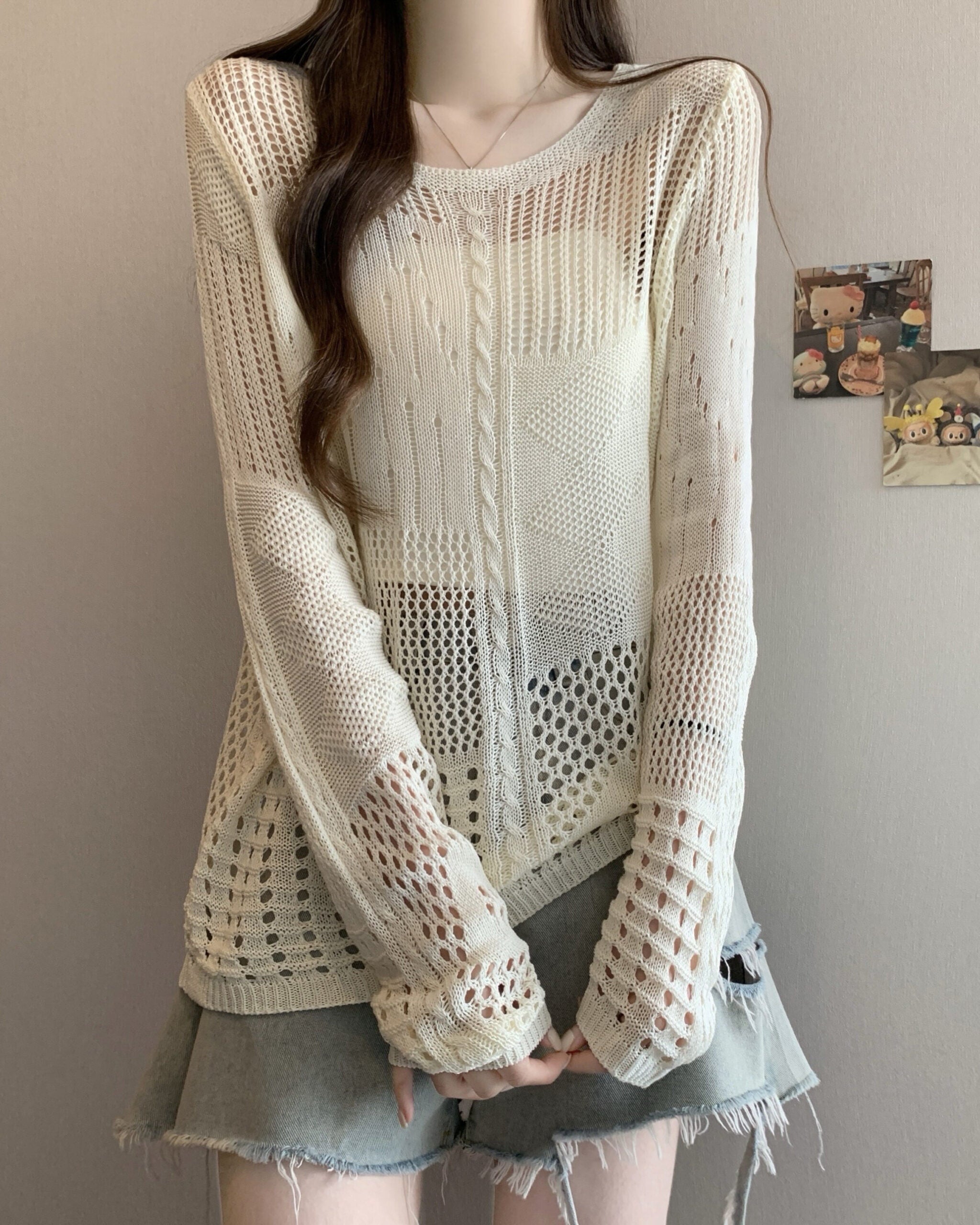 Beige Multi-Pattern Hollow Knit Sweater