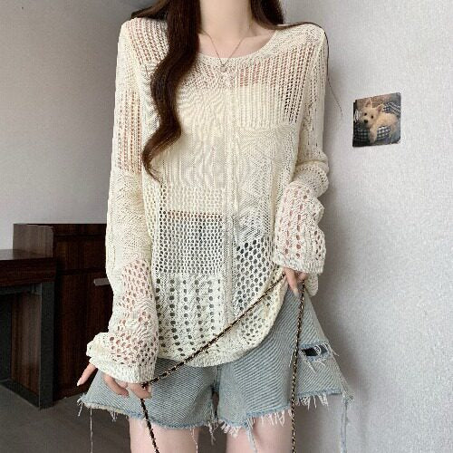 Beige Multi-Pattern Hollow Knit Sweater