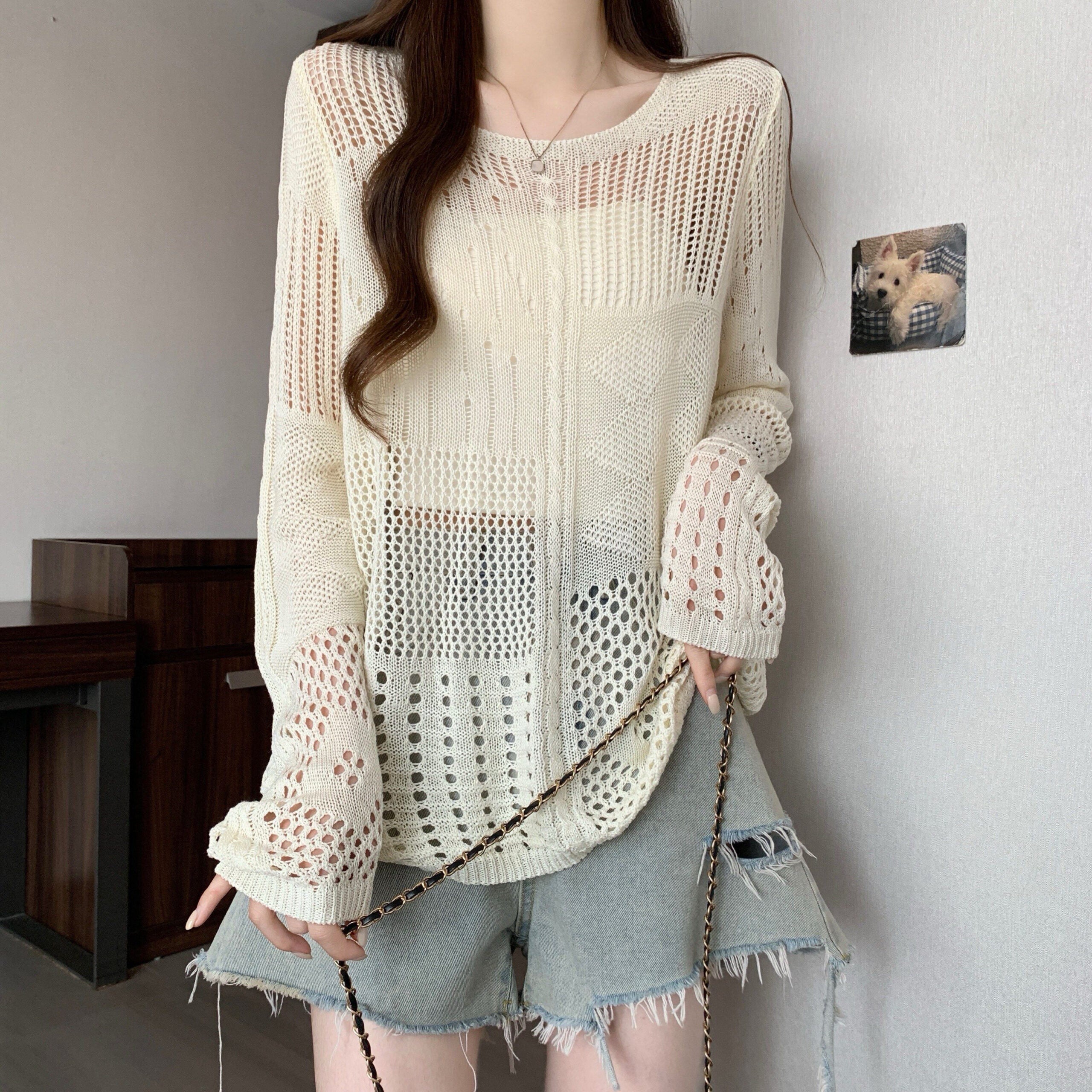 Beige Multi-Pattern Hollow Knit Sweater