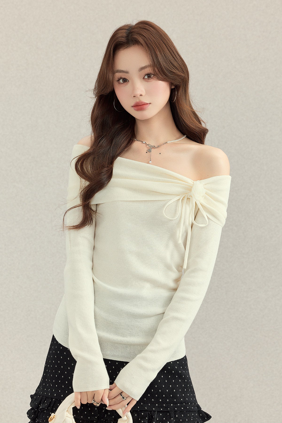 Beige Off-Shoulder Ribbon Knit Top