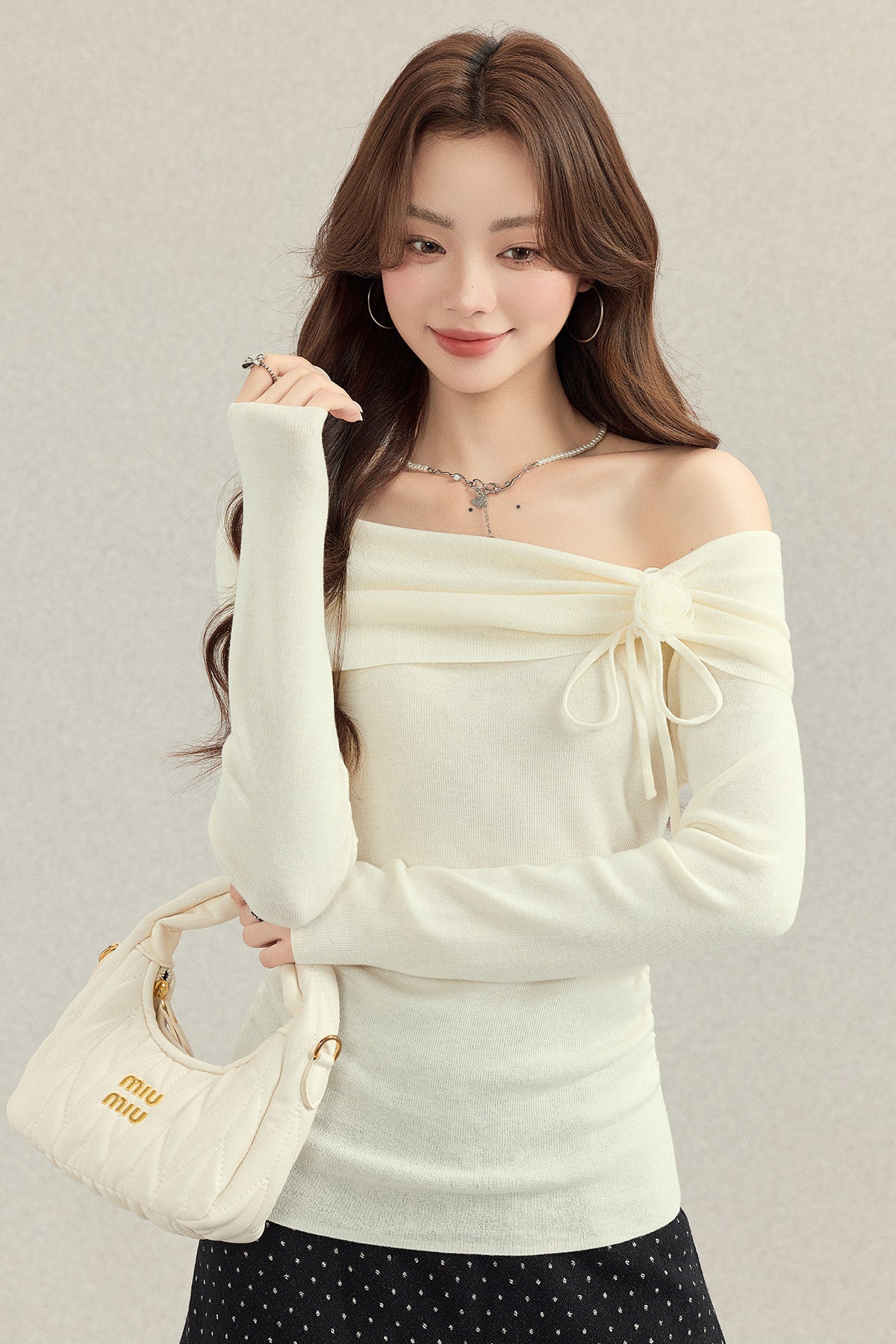 Beige Off-Shoulder Ribbon Knit Top