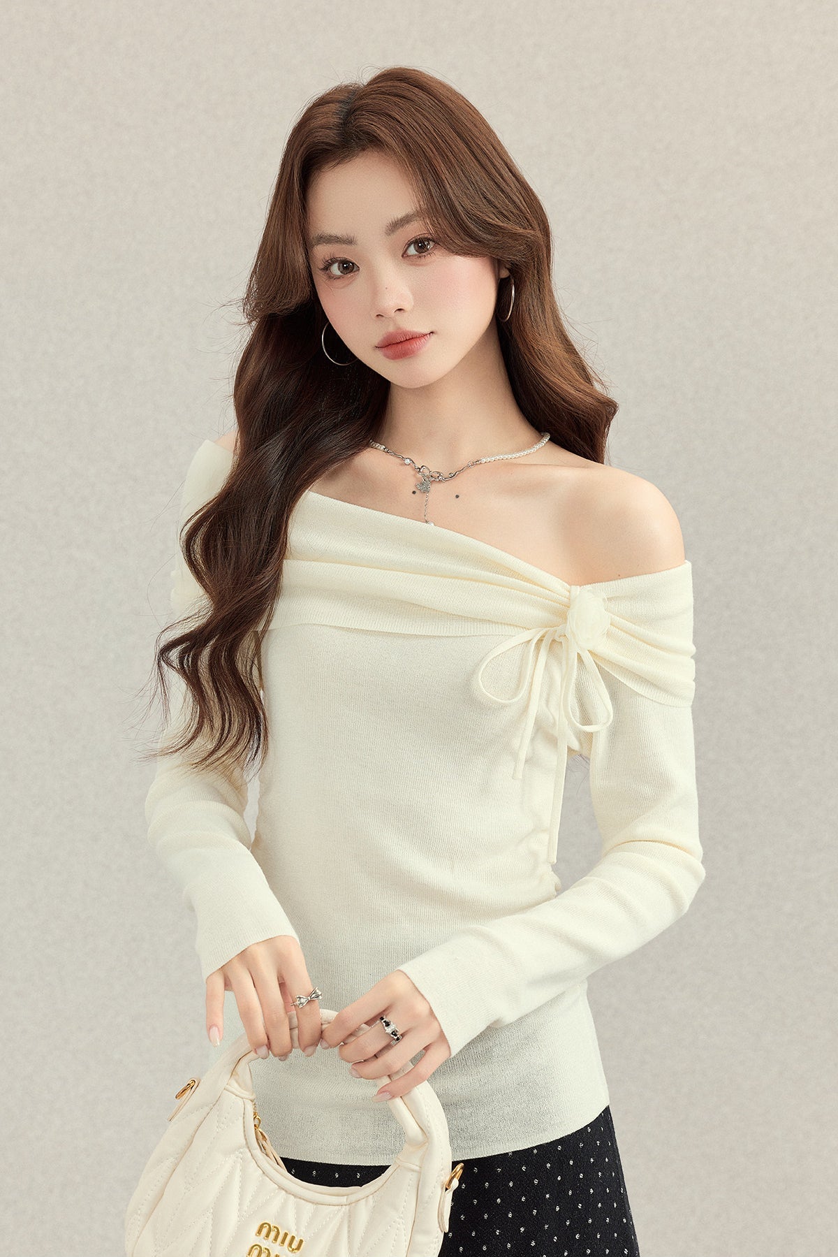 Beige Off-Shoulder Ribbon Knit Top