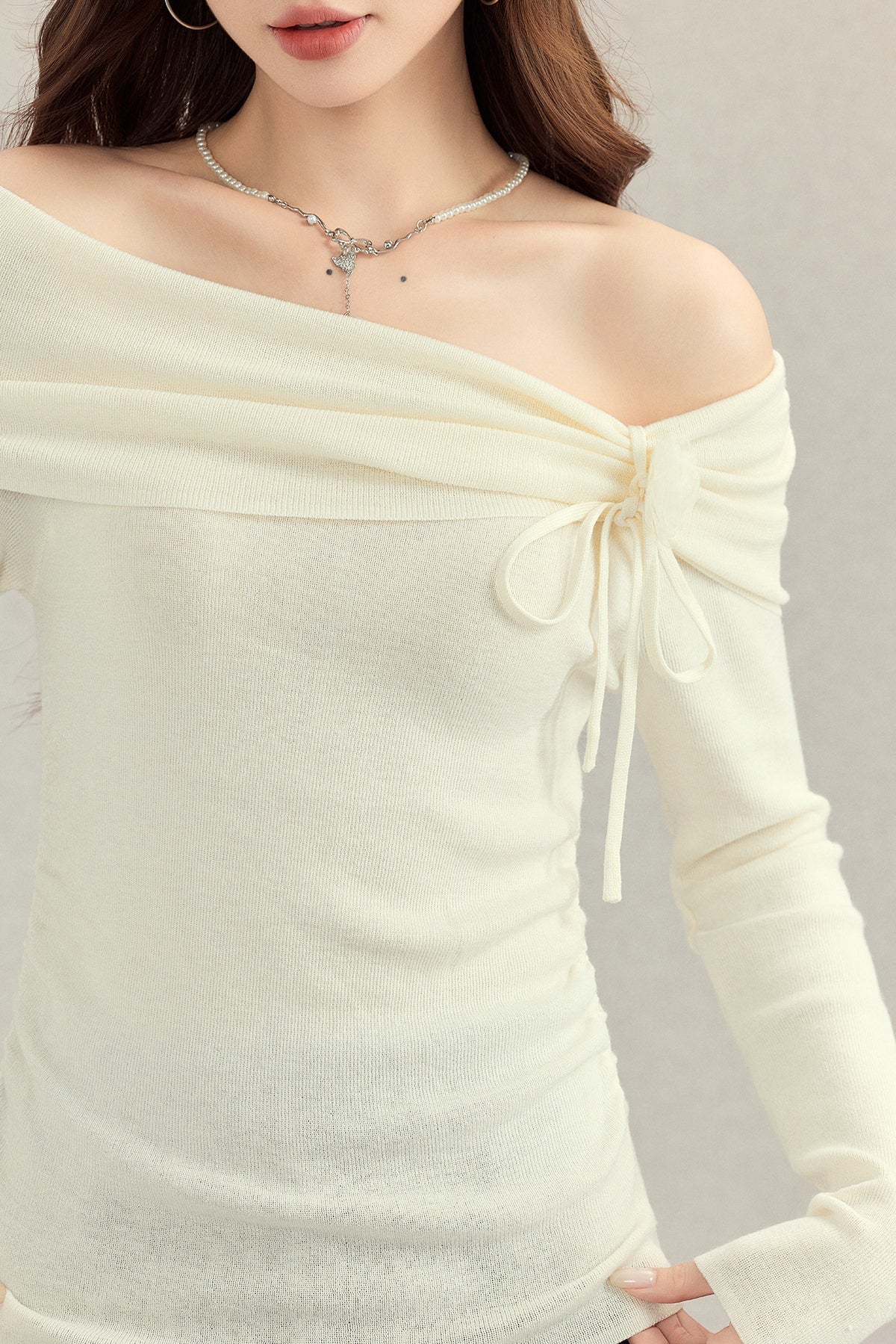Beige Off-Shoulder Ribbon Knit Top