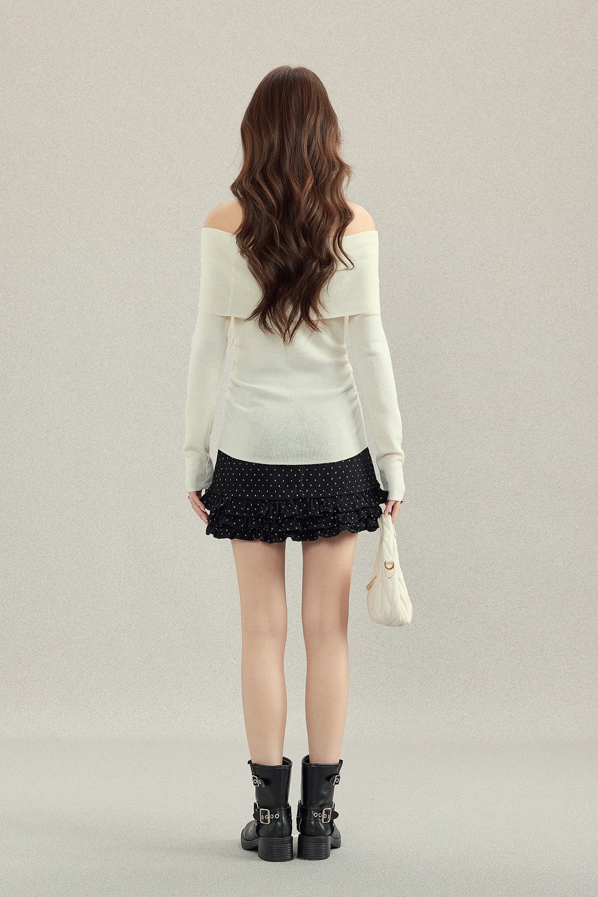 Beige Off-Shoulder Ribbon Knit Top