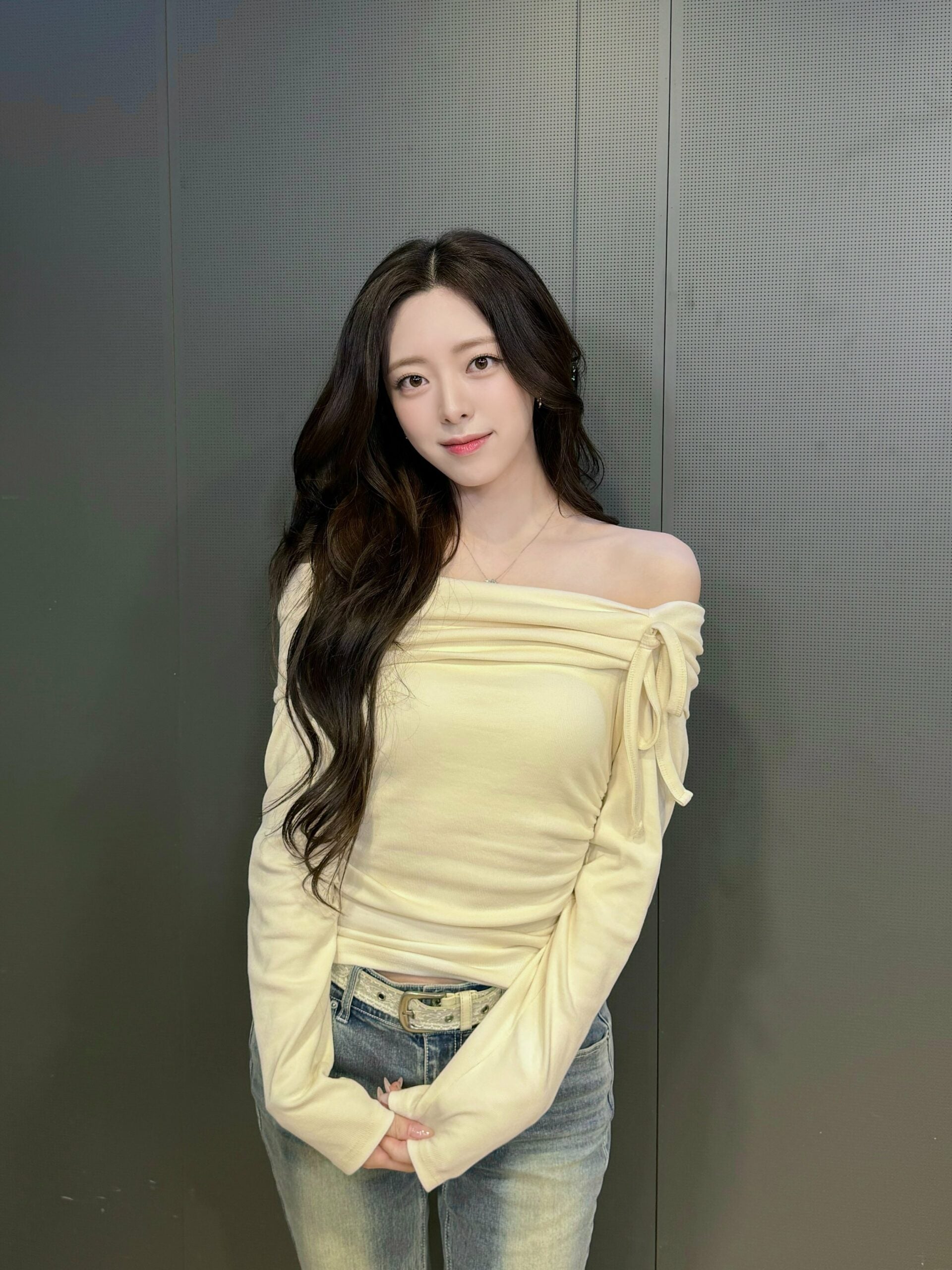 Beige Off-Shoulder Ribbon Knit Top