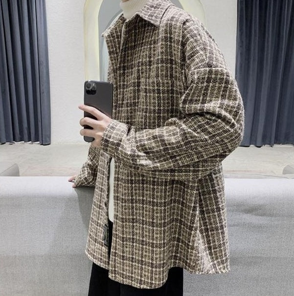 Beige Plaid Tweed Style Collared Jacket