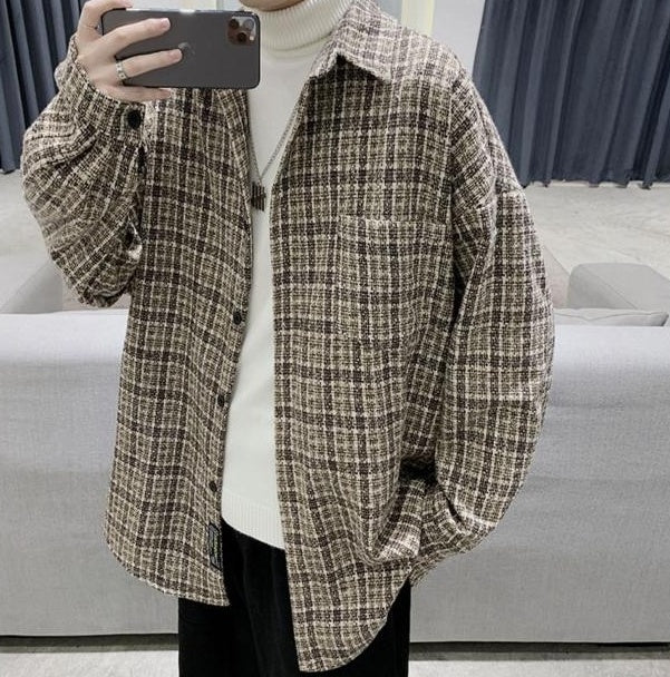 Beige Plaid Tweed Style Collared Jacket