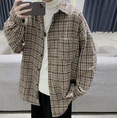 Beige Plaid Tweed Style Collared Jacket
