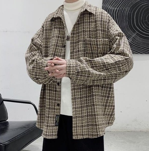 Beige Plaid Tweed Style Collared Jacket