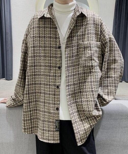 Beige Plaid Tweed Style Collared Jacket