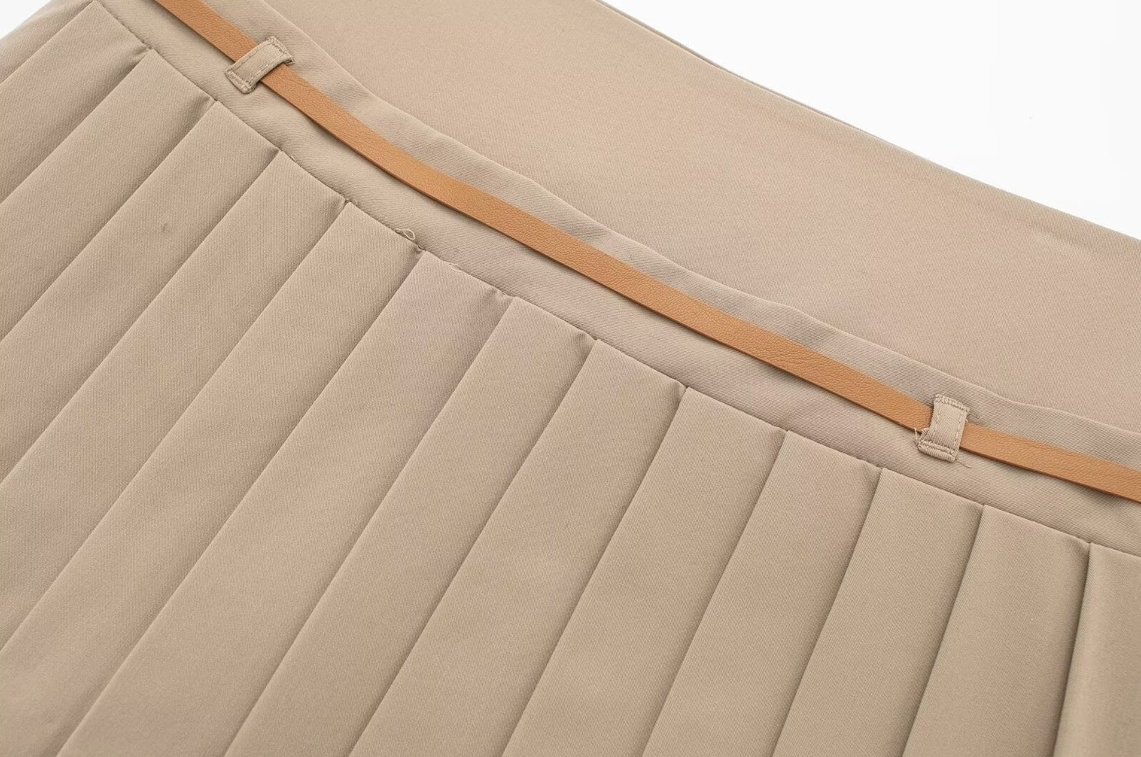 Beige Pleated Belted Skirt