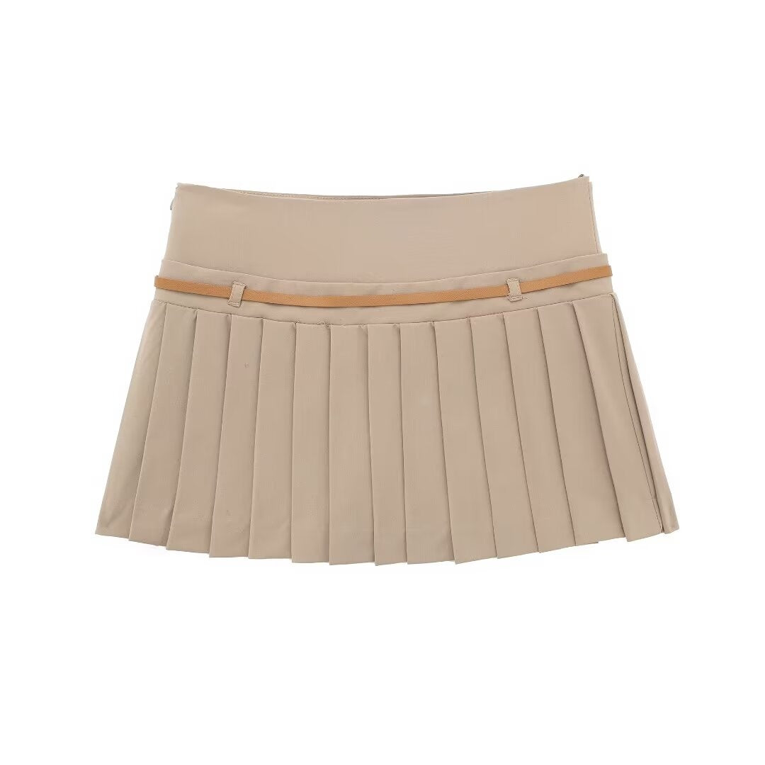 Beige Pleated Belted Skirt