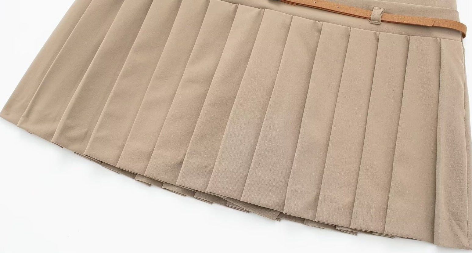 Beige Pleated Belted Skirt