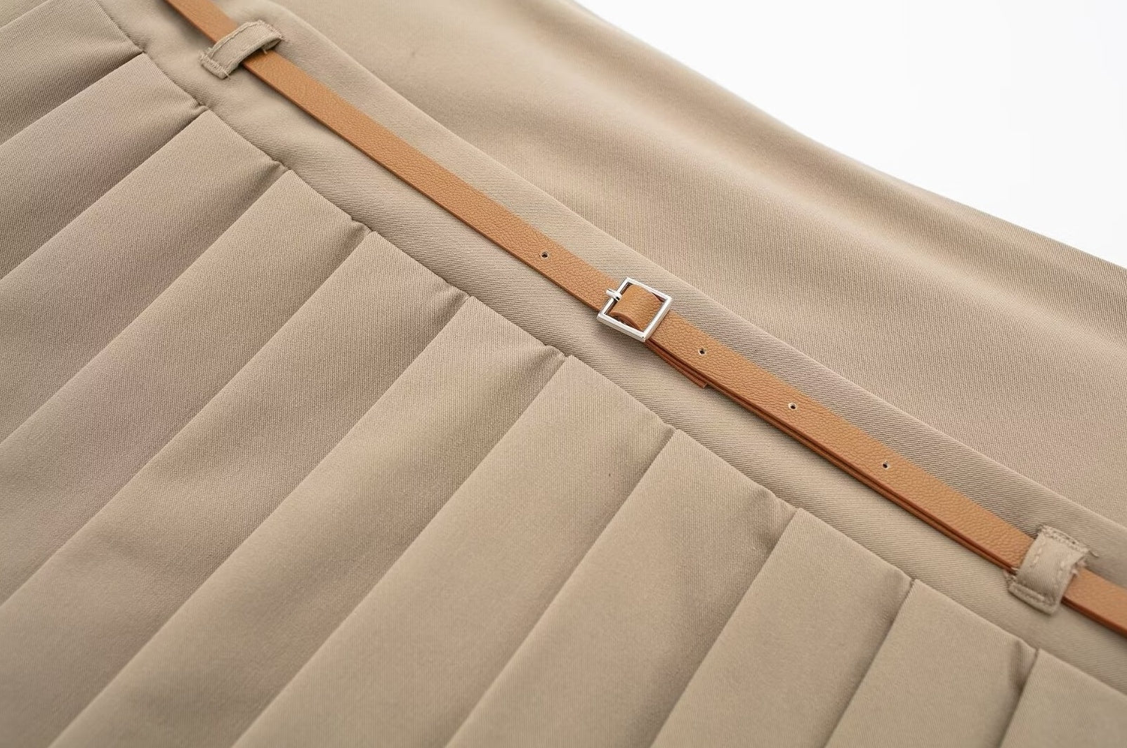 Beige Pleated Belted Skirt