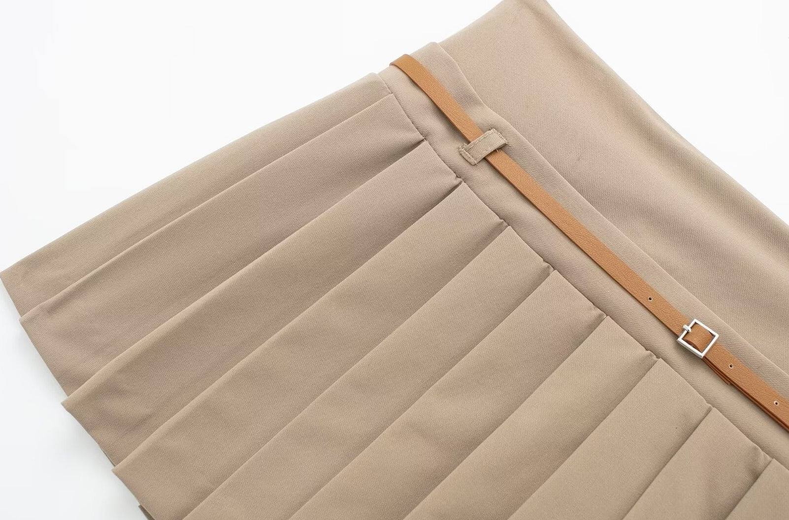 Beige Pleated Belted Skirt