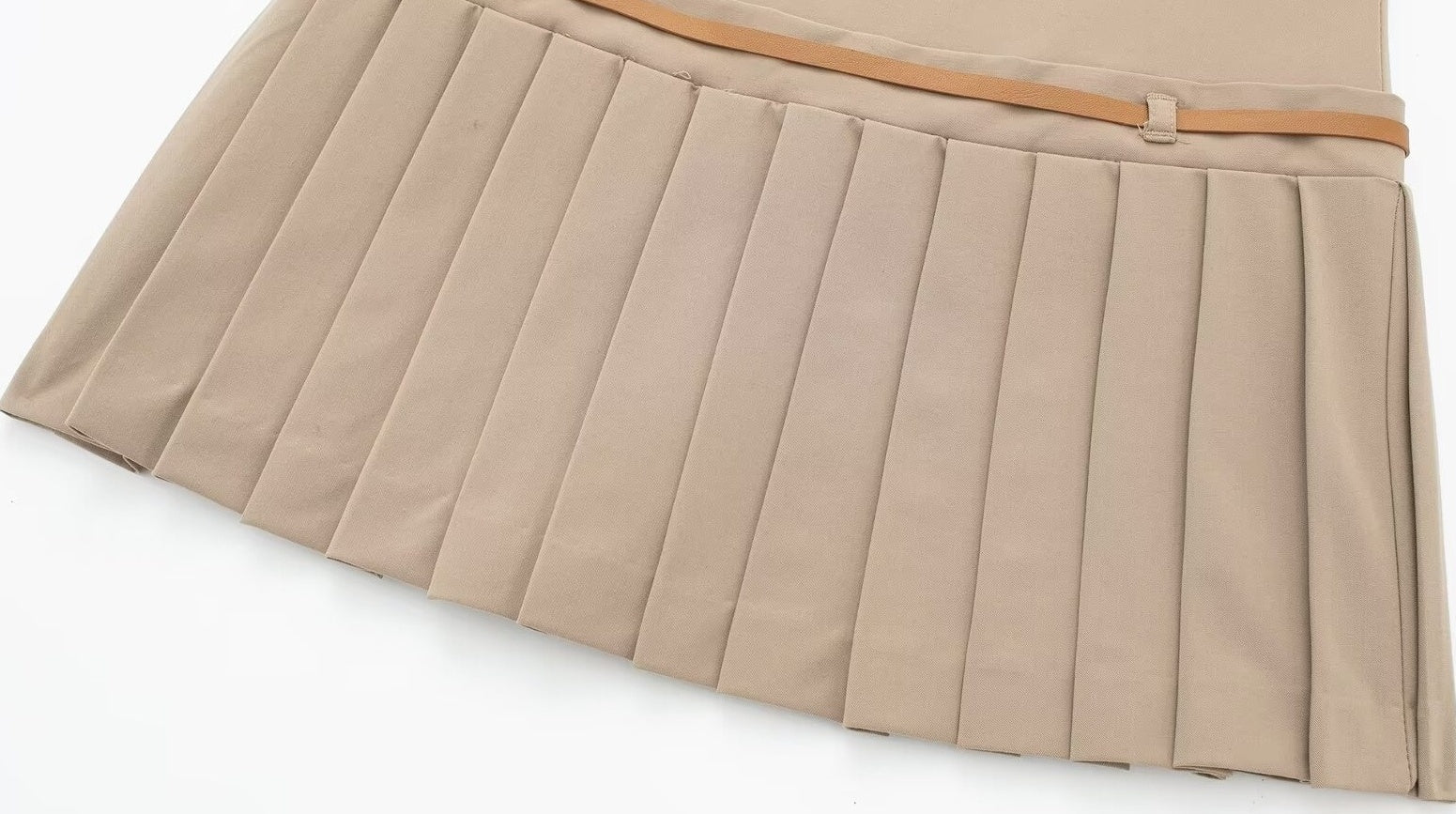 Beige Pleated Belted Skirt