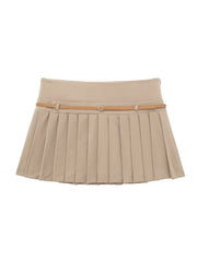 Beige Pleated Belted Skirt