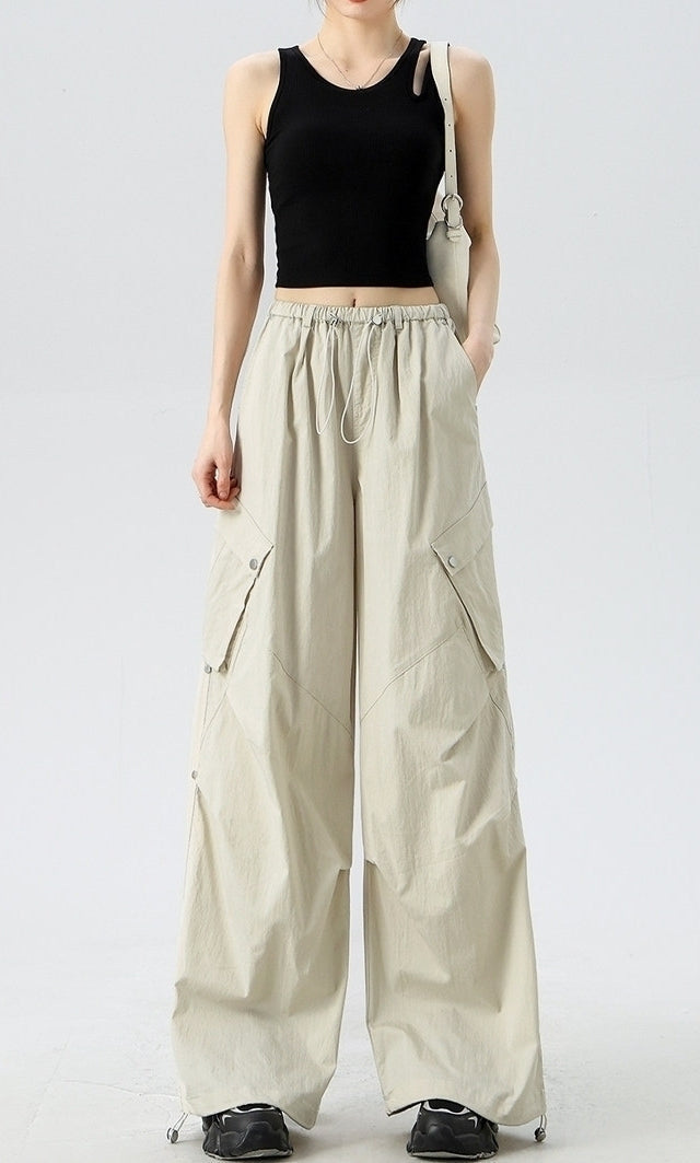 Beige Pleated Side Pocket Utility Pants