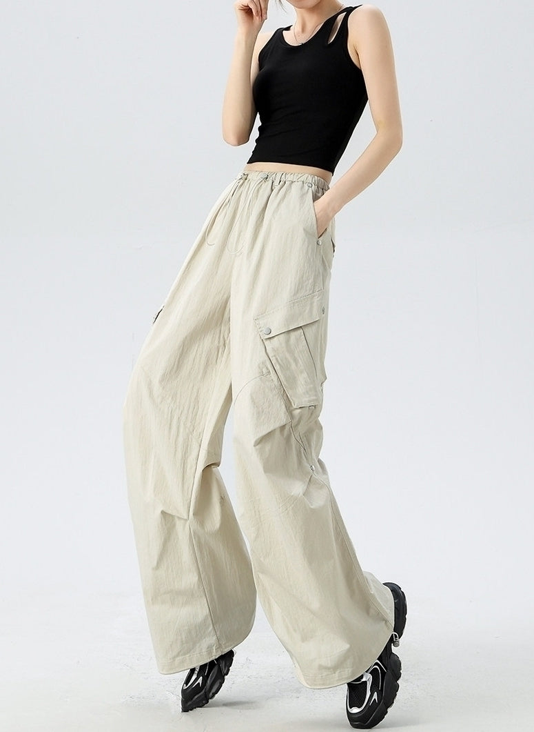 Beige Pleated Side Pocket Utility Pants