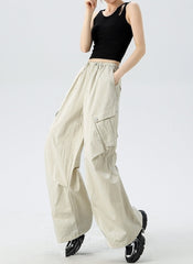 Beige Pleated Side Pocket Utility Pants