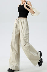 Beige Pleated Side Pocket Utility Pants