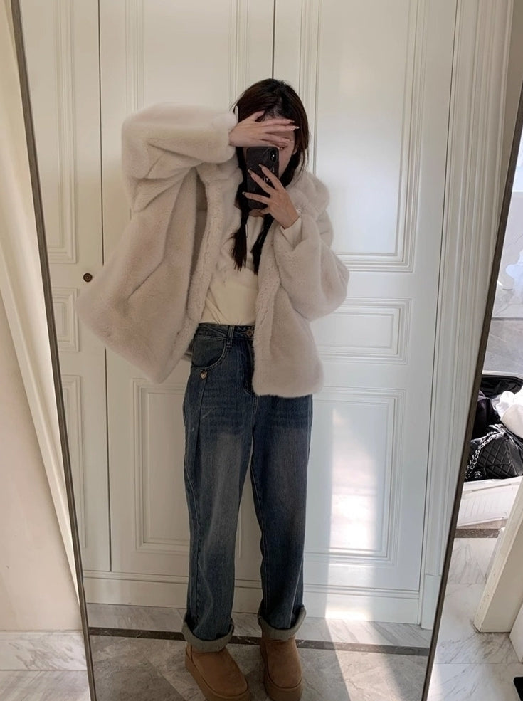 Beige Plush Hooded Winter Jacket