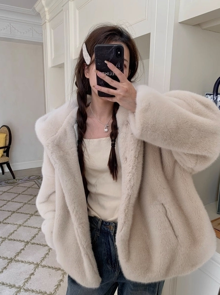Beige Plush Hooded Winter Jacket