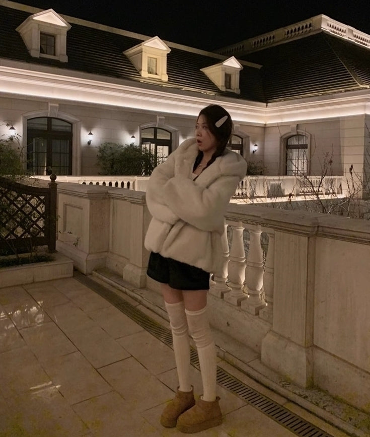 Beige Plush Hooded Winter Jacket