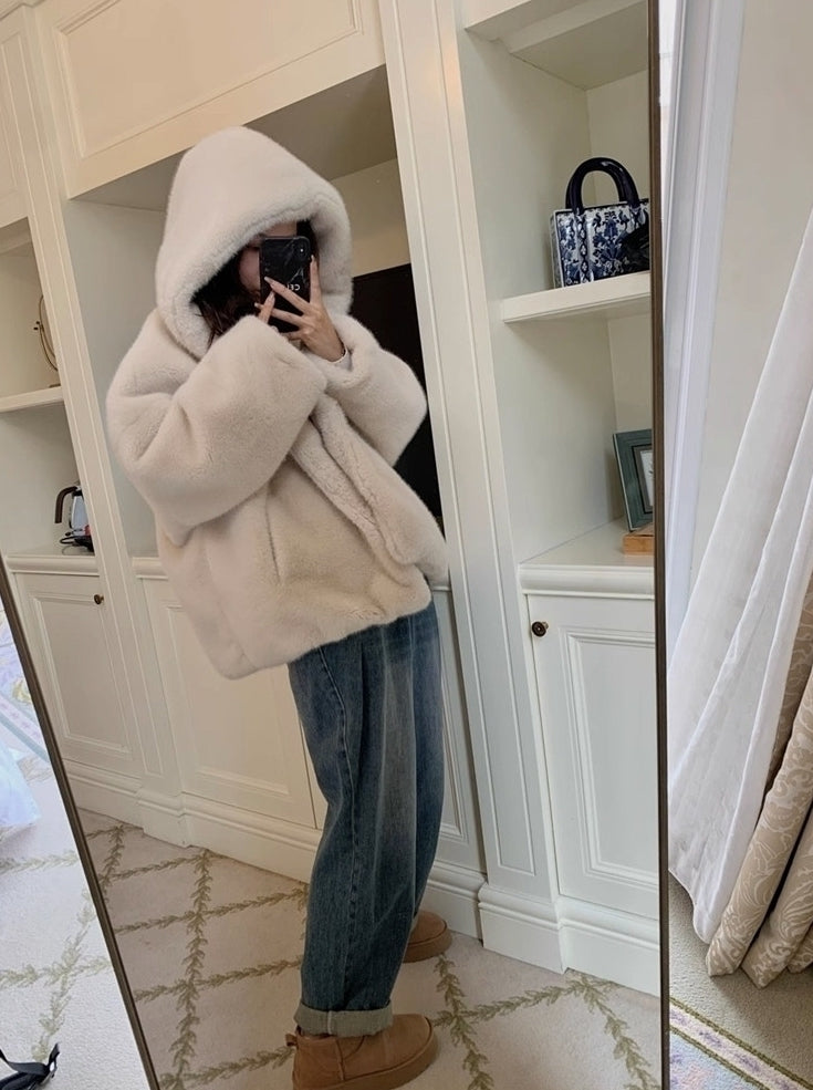 Beige Plush Hooded Winter Jacket