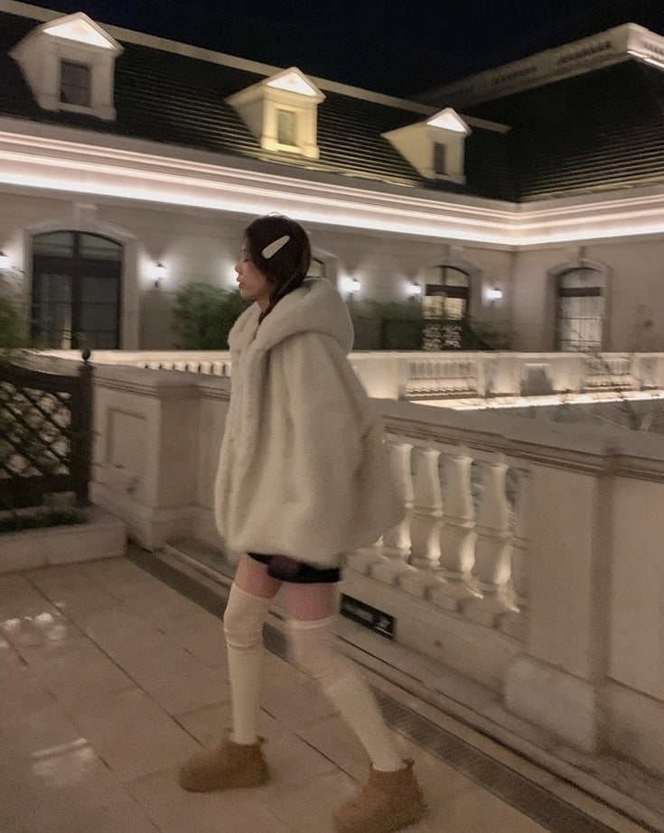 Beige Plush Hooded Winter Jacket